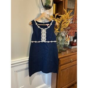 Lilly Pulitzer Navy Blue Sleeveless Dress‎ Embellished Crochet Trim Size 8